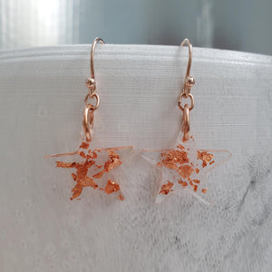 Star Earrings, Star Dangle Earrings, Earrings - handmade resin star drop earrings with rose gold flakes