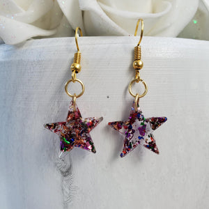 Star Earrings, Star Dangle Earrings, Earrings - handmade resin star drop earrings with multi-color flakes