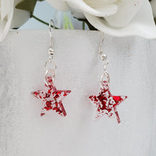 Load image into Gallery viewer, Star Earrings, Star Dangle Earrings, Earrings - handmade resin star drop earrings with red flakes