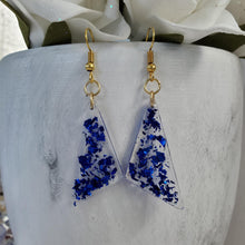 Load image into Gallery viewer, Long Earrings - Triangular Earrings - Earrings - Handmade resin triangular drop earrings with blue flakes