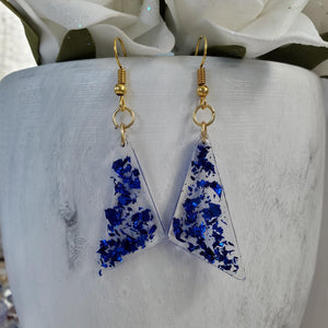 Long Earrings - Triangular Earrings - Earrings - Handmade resin triangular drop earrings with blue flakes