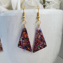 Load image into Gallery viewer, Long Earrings - Triangular Earrings - Earrings - Handmade resin triangular drop earrings with multi-color flakes