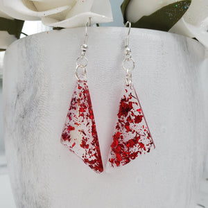 Long Earrings - Triangular Earrings - Earrings - Handmade resin triangular drop earrings with red flakes