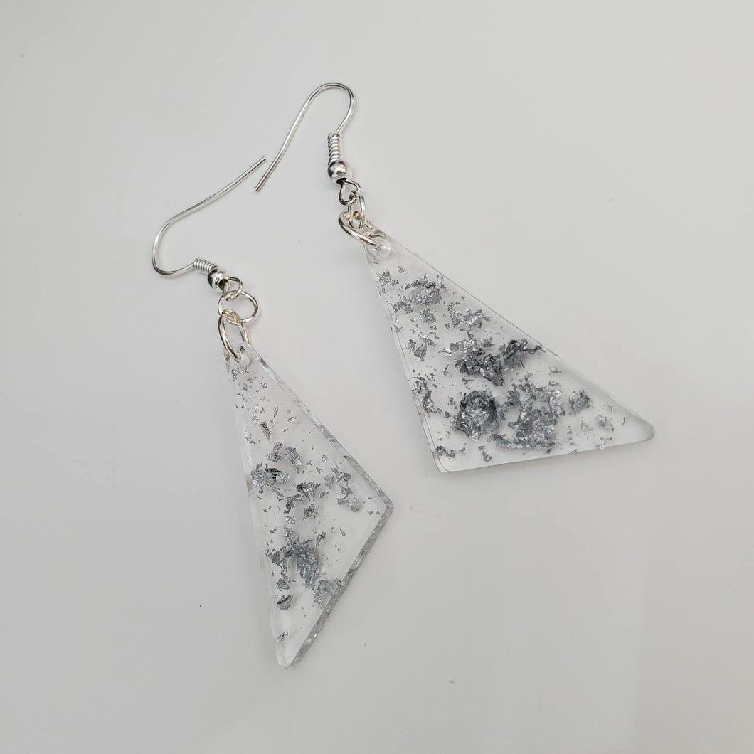 Long Earrings - Triangular Earrings - Earrings - Handmade resin triangular drop earrings with silver flakes