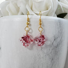 Load image into Gallery viewer, Flower Earrings - Dangle Earrings - Earrings - Handmade resin flower shape dangle drop earrings with pink flakes