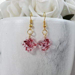 Flower Earrings - Dangle Earrings - Earrings - Handmade resin flower shape dangle drop earrings with pink flakes