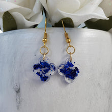 Load image into Gallery viewer, Flower Earrings - Dangle Earrings - Earrings - Handmade resin flower shape dangle drop earrings with blue flakes
