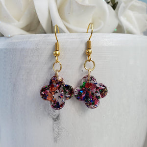 Flower Earrings - Dangle Earrings - Earrings - Handmade resin flower shape dangle drop earrings with multi-color flakes