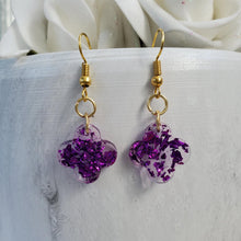 Load image into Gallery viewer, Flower Earrings - Dangle Earrings - Earrings - Handmade resin flower shape dangle drop earrings with purple flakes