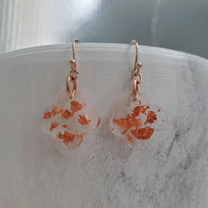 Flower Earrings - Dangle Earrings - Earrings - Handmade resin flower shape dangle drop earrings with rose gold flakes