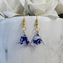 Load image into Gallery viewer, Dangle Earrings - Earrings - Triangular Earrings - Handmade rectangular resin drop earrings with blue flakes