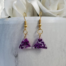 Load image into Gallery viewer, Dangle Earrings - Earrings - Triangular Earrings - Handmade rectangular resin drop earrings with purple flakes