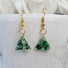 Load image into Gallery viewer, Dangle Earrings - Earrings - Triangular Earrings - Handmade rectangular resin drop earrings with green flakes