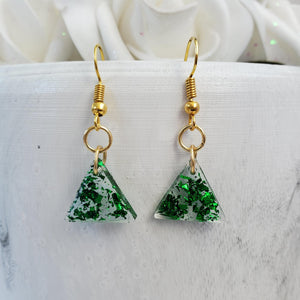 Dangle Earrings - Earrings - Triangular Earrings - Handmade rectangular resin drop earrings with green flakes