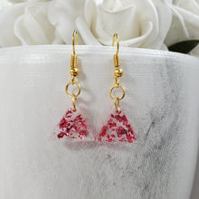 Load image into Gallery viewer, Dangle Earrings - Earrings - Triangular Earrings - Handmade rectangular resin drop earrings with pink flakes