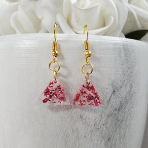 Dangle Earrings - Earrings - Triangular Earrings - Handmade rectangular resin drop earrings with pink flakes
