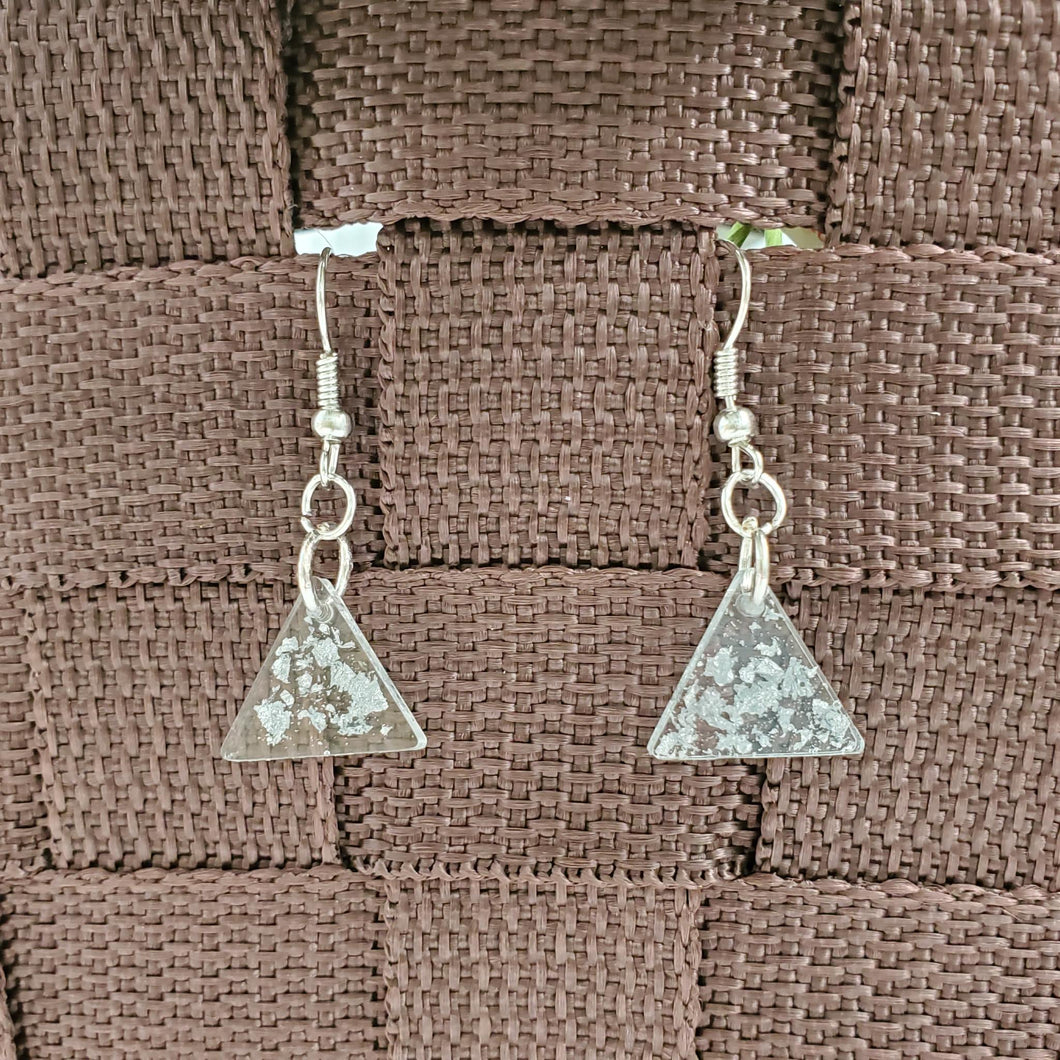 Dangle Earrings - Earrings - Triangular Earrings - Handmade rectangular resin drop earrings with silver flakes