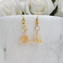 Load image into Gallery viewer, Dangle Earrings - Earrings - Triangular Earrings - Handmade rectangular resin drop earrings with gold flakes