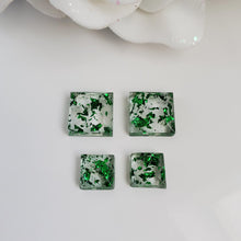 Load image into Gallery viewer, Square Earrings, Square Studs, Resin Earrings, Earrings - Handmade resin square earrings with green flakes.