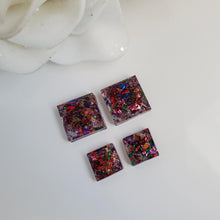 Load image into Gallery viewer, Square Earrings, Square Studs, Resin Earrings, Earrings - Handmade resin square earrings with multi-color flakes.