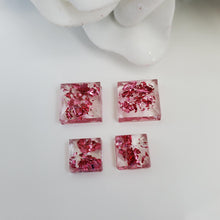 Load image into Gallery viewer, Square Earrings, Square Studs, Resin Earrings, Earrings - Handmade resin square earrings with pink flakes.