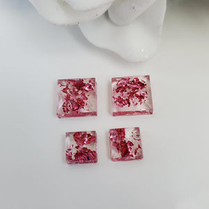 Square Earrings, Square Studs, Resin Earrings, Earrings - Handmade resin square earrings with pink flakes.