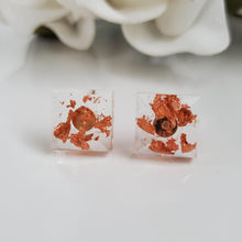 Load image into Gallery viewer, Square Earrings, Square Studs, Resin Earrings, Earrings - Handmade resin square earrings with rose gold flakes.