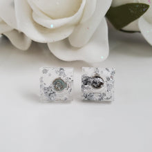 Load image into Gallery viewer, Square Earrings, Square Studs, Resin Earrings, Earrings - Handmade resin square earrings with silver flakes.
