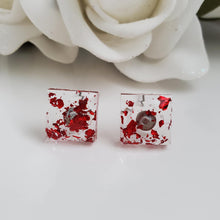 Load image into Gallery viewer, Square Earrings, Square Studs, Resin Earrings, Earrings - Handmade resin square earrings with red flakes.