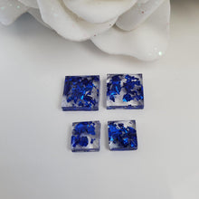 Load image into Gallery viewer, Square Earrings, Square Studs, Resin Earrings, Earrings - Handmade resin square earrings with blue flakes.
