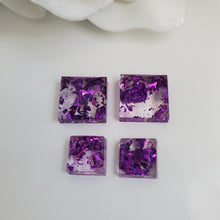 Load image into Gallery viewer, Square Earrings, Square Studs, Resin Earrings, Earrings - Handmade resin square earrings with purple flakes.