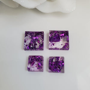 Square Earrings, Square Studs, Resin Earrings, Earrings - Handmade resin square earrings with purple flakes.