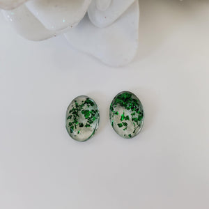 Oval Earrings, Stud Earrings, Resin Earrings, Earrings - Handmade resin oval stud earrings made with green flakes.