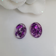 Load image into Gallery viewer, Oval Earrings, Stud Earrings, Resin Earrings, Earrings - Handmade resin oval stud earrings made with purple flakes.