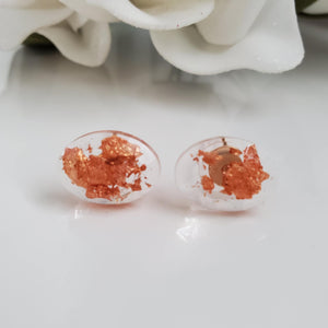 Oval Earrings, Stud Earrings, Resin Earrings, Earrings - Handmade resin oval stud earrings made with rose gold flakes.