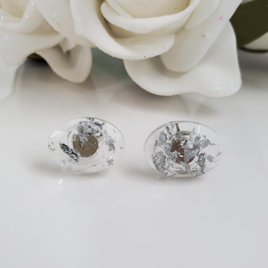 Oval Earrings, Stud Earrings, Resin Earrings, Earrings - Handmade resin oval stud earrings made with silver flakes.