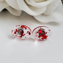 Load image into Gallery viewer, Oval Earrings, Stud Earrings, Resin Earrings, Earrings - Handmade resin oval stud earrings made with red flakes.