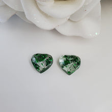 Load image into Gallery viewer, Heart Earrings, Post Earrings, Resin Earrings, Earrings - handmade resin stud earring made with green flakes