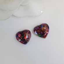 Load image into Gallery viewer, Heart Earrings, Post Earrings, Resin Earrings, Earrings - handmade resin stud earring made with multi-color flakes