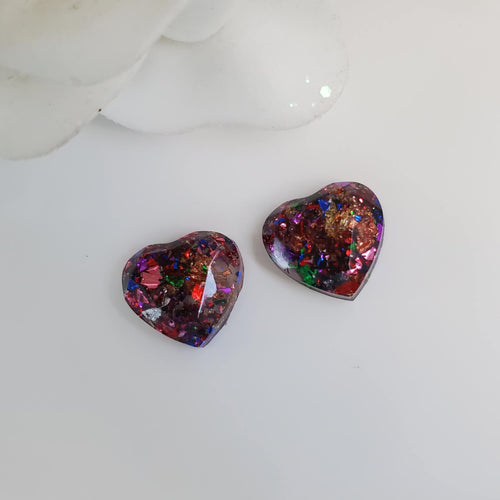 Heart Earrings, Post Earrings, Resin Earrings, Earrings - handmade resin stud earring made with multi-color flakes