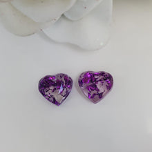 Load image into Gallery viewer, Heart Earrings, Post Earrings, Resin Earrings, Earrings - handmade resin stud earring made with purple flakes