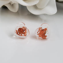 Load image into Gallery viewer, Heart Earrings, Post Earrings, Resin Earrings, Earrings - handmade resin stud earring made with rose gold flakes