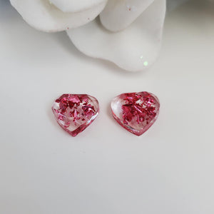 Heart Earrings, Post Earrings, Resin Earrings, Earrings - handmade resin stud earring made with pink flakes
