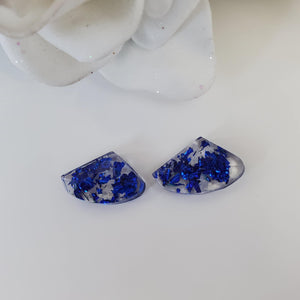 Post Earrings, Shell Earrings, Resin Earrings, Earrings - Handmade resin shell shape stud earrings with blue flakes.