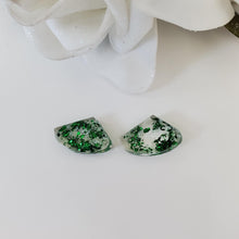 Load image into Gallery viewer, Post Earrings, Shell Earrings, Resin Earrings, Earrings - Handmade resin shell shape stud earrings with green flakes.