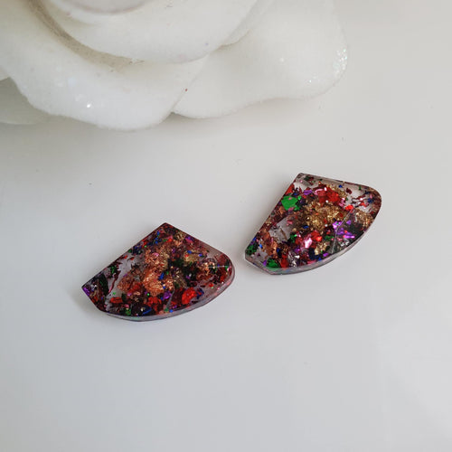 Post Earrings, Shell Earrings, Resin Earrings, Earrings - Handmade resin shell shape stud earrings with multi-color flakes.