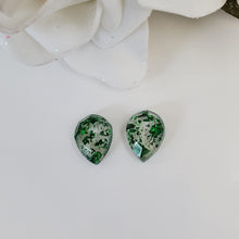 Load image into Gallery viewer, Teardrop Earrings, Post Earrings, Resin Earrings, Earrings - handmade teardrop resin stud earrings with green flakes