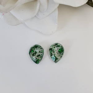 Teardrop Earrings, Post Earrings, Resin Earrings, Earrings - handmade teardrop resin stud earrings with green flakes