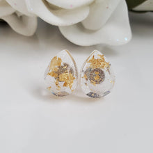 Load image into Gallery viewer, Teardrop Earrings, Post Earrings, Resin Earrings, Earrings - handmade teardrop resin stud earrings with gold flakes