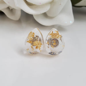 Teardrop Earrings, Post Earrings, Resin Earrings, Earrings - handmade teardrop resin stud earrings with gold flakes